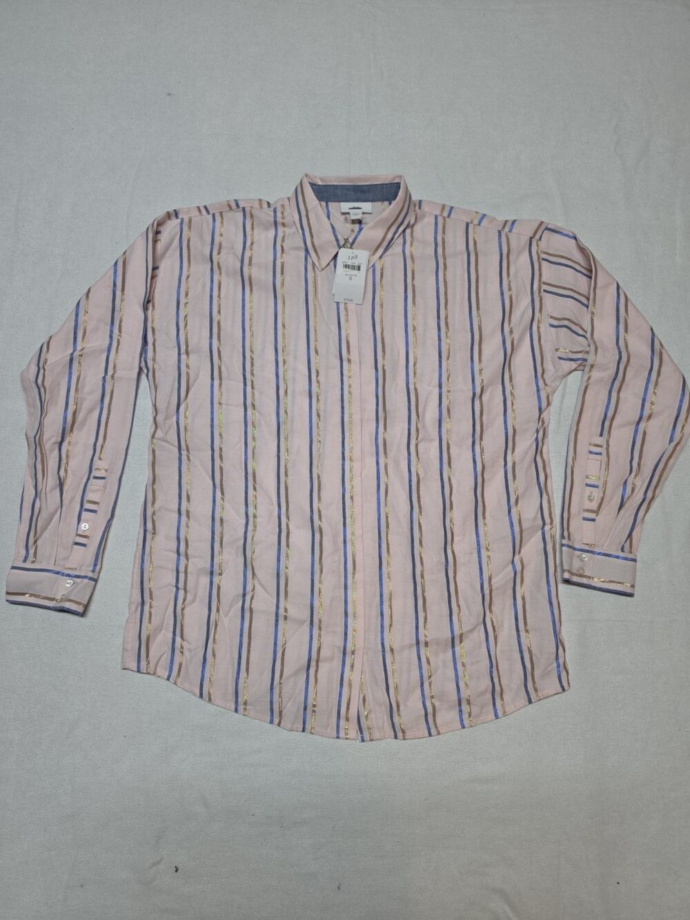 J. Jill Women’s Small Blush Pink Metallic Gold Blue Striped Button Down Shirt...